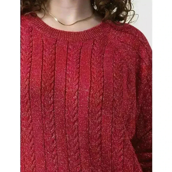 Athleta Crossroads Metallic Holiday Sweater Cable Knit Crew Wool | Red | SZ 2X - Picture 4 of 13